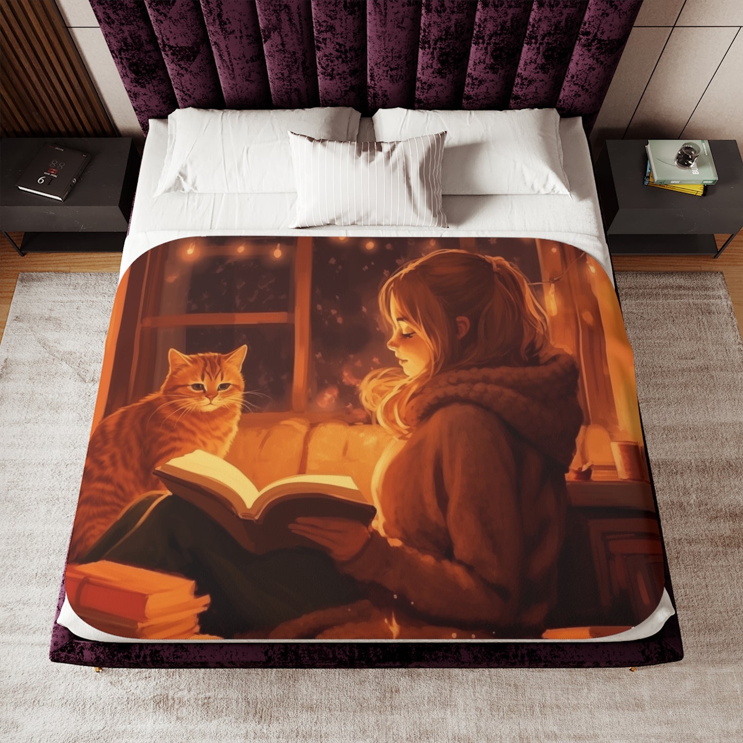 Sherpa Blanket, Young Lady Reading with Cat Illustration, Warm Amber Colors, Book and Cat Lovers Gift, Cat Mom Sherpa Throw, Cute