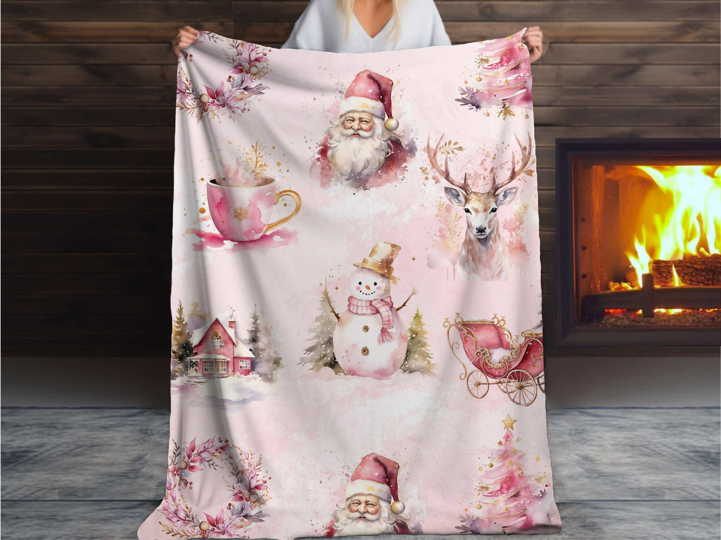 Sherpa Blanket, Pink Christmas Throw with Santa, Snowman, and Christmas Trees, Super Soft Cozy Holiday Blanket, Fluffy Throw Blanket