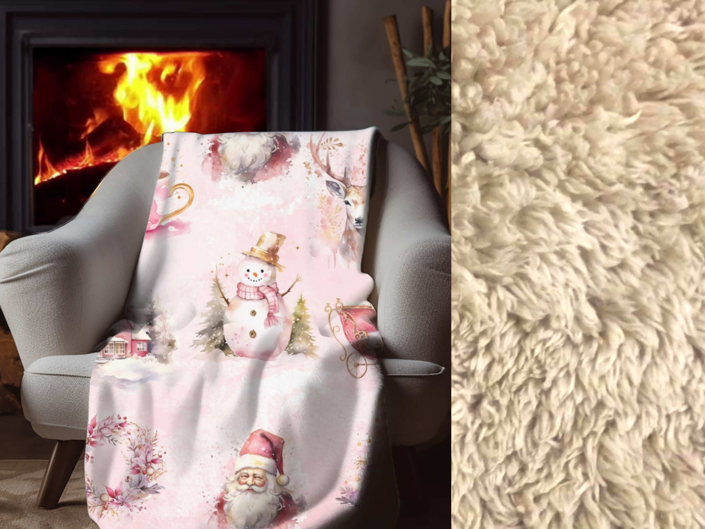 Sherpa Blanket, Pink Christmas Throw with Santa, Snowman, and Christmas Trees, Super Soft Cozy Holiday Blanket, Fluffy Throw Blanket
