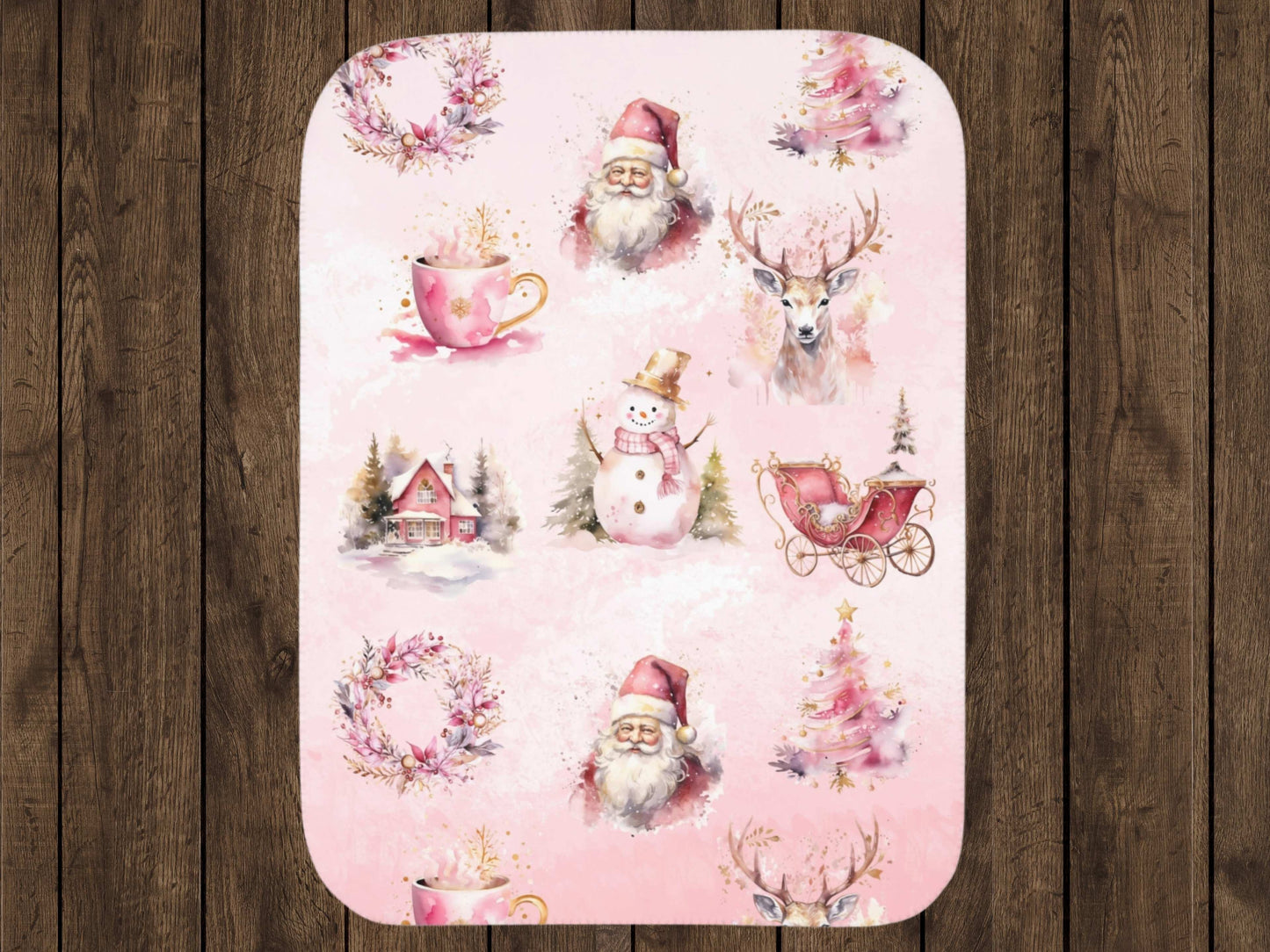Sherpa Blanket, Pink Christmas Throw with Santa, Snowman, and Christmas Trees, Super Soft Cozy Holiday Blanket, Fluffy Throw Blanket