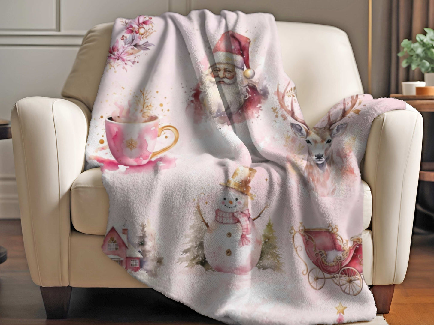 Sherpa Blanket, Pink Christmas Throw with Santa, Snowman, and Christmas Trees, Super Soft Cozy Holiday Blanket, Fluffy Throw Blanket