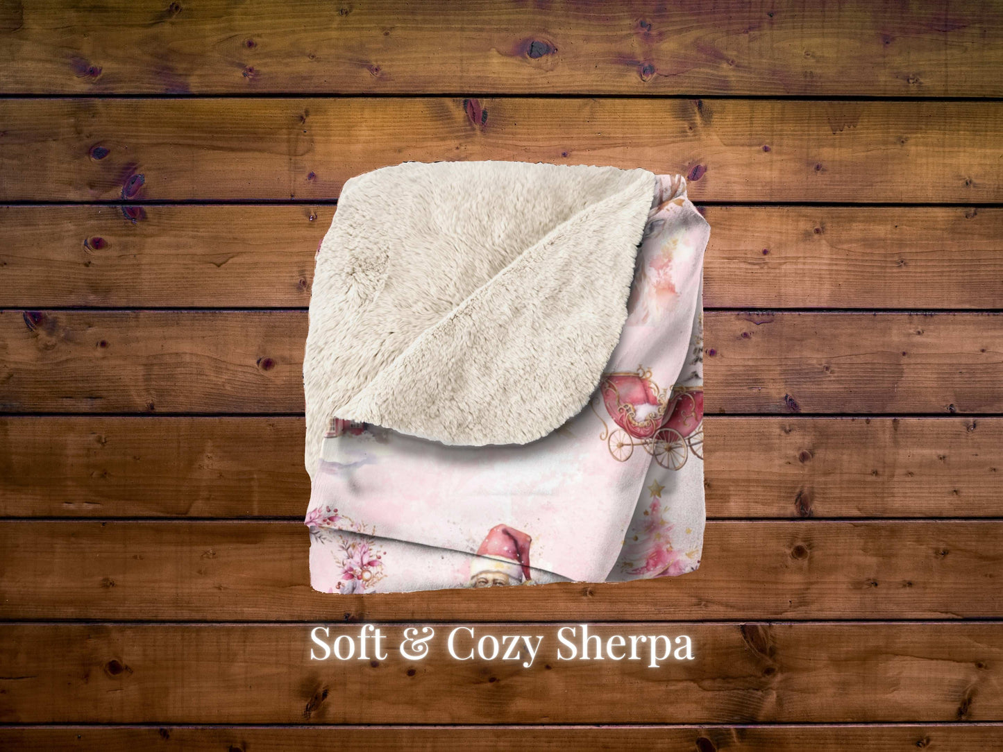 Sherpa Blanket, Pink Christmas Throw with Santa, Snowman, and Christmas Trees, Super Soft Cozy Holiday Blanket, Fluffy Throw Blanket