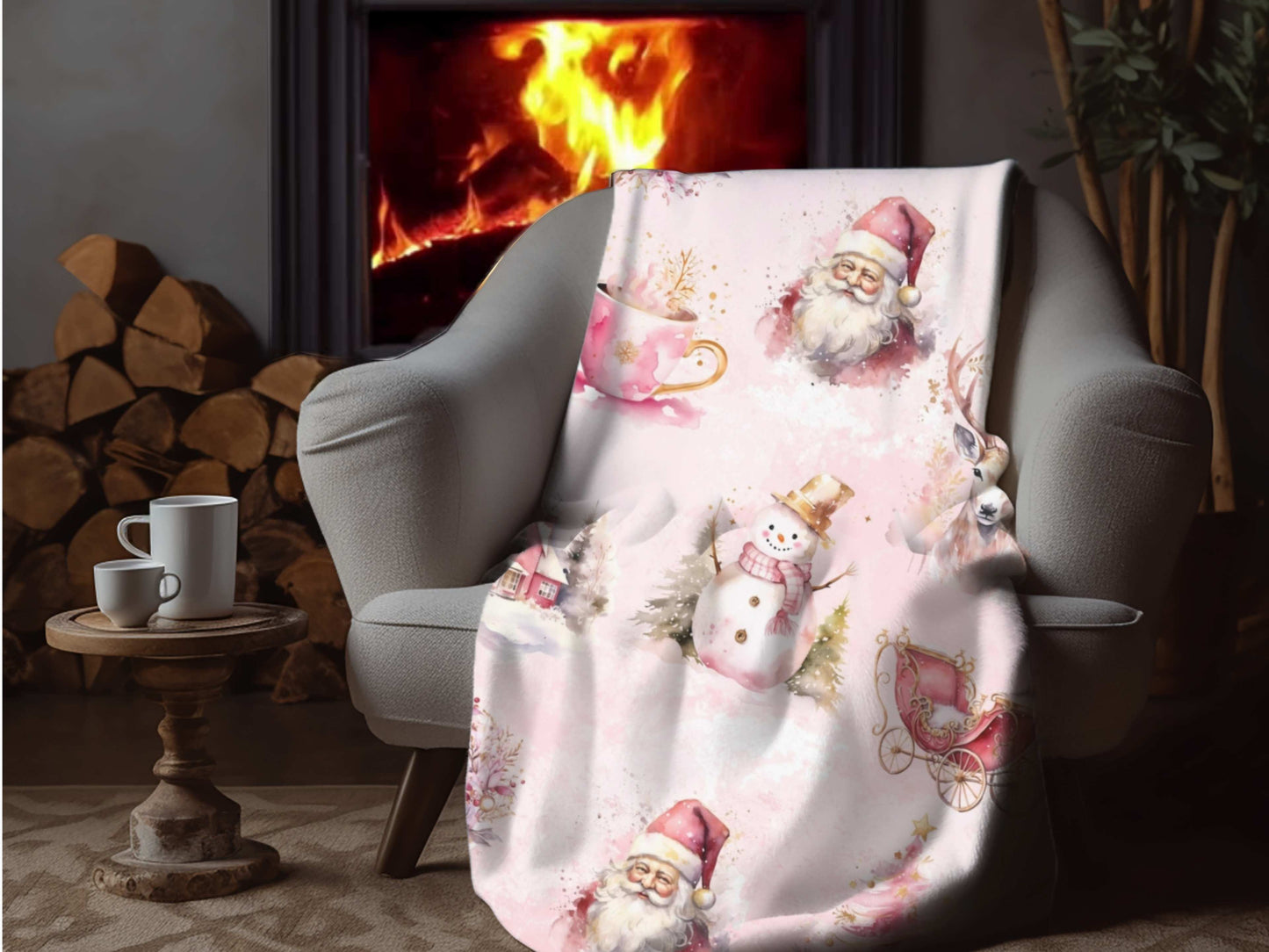 Sherpa Blanket, Pink Christmas Throw with Santa, Snowman, and Christmas Trees, Super Soft Cozy Holiday Blanket, Fluffy Throw Blanket
