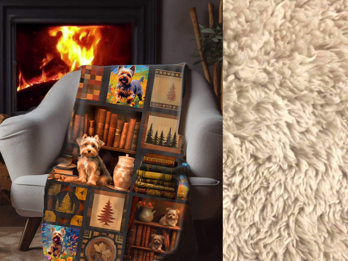 Sherpa Blanket, Two Colors - Cozy Yorkie Terrier Puppy Printed Throw, Pet Lover Gift, Soft Plush Cover, Dog Mom Dorm Bedding, Warm Fleece