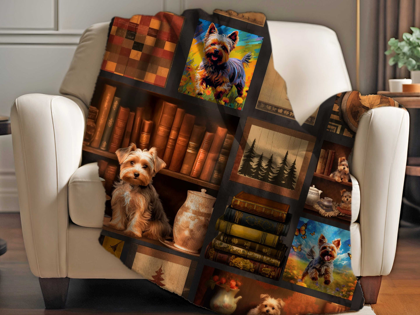 Sherpa Blanket, Two Colors - Cozy Yorkie Terrier Puppy Printed Throw, Pet Lover Gift, Soft Plush Cover, Dog Mom Dorm Bedding, Warm Fleece