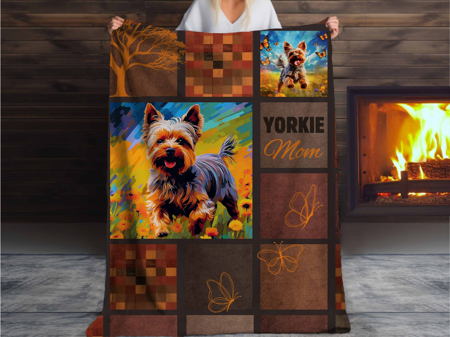 Sherpa Blanket, Cozy Yorkie Terrier Chasing Butterflies Puppy Printed Throw - Pet Lover Gift, Soft Plush Cover, Dog Mom Dorm Bedding, Warm