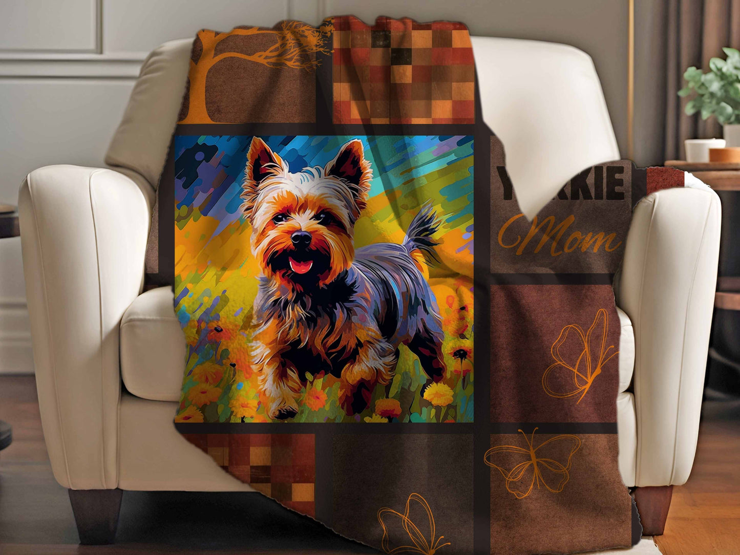 Sherpa Blanket, Cozy Yorkie Terrier Chasing Butterflies Puppy Printed Throw - Pet Lover Gift, Soft Plush Cover, Dog Mom Dorm Bedding, Warm