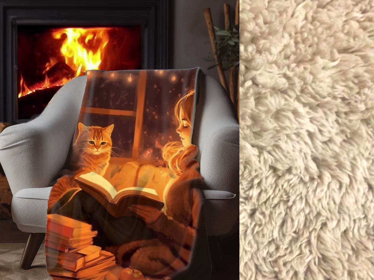 Sherpa Blanket, Young Lady Reading with Cat Illustration, Warm Amber Colors, Book and Cat Lovers Gift, Cat Mom Sherpa Throw, Cute