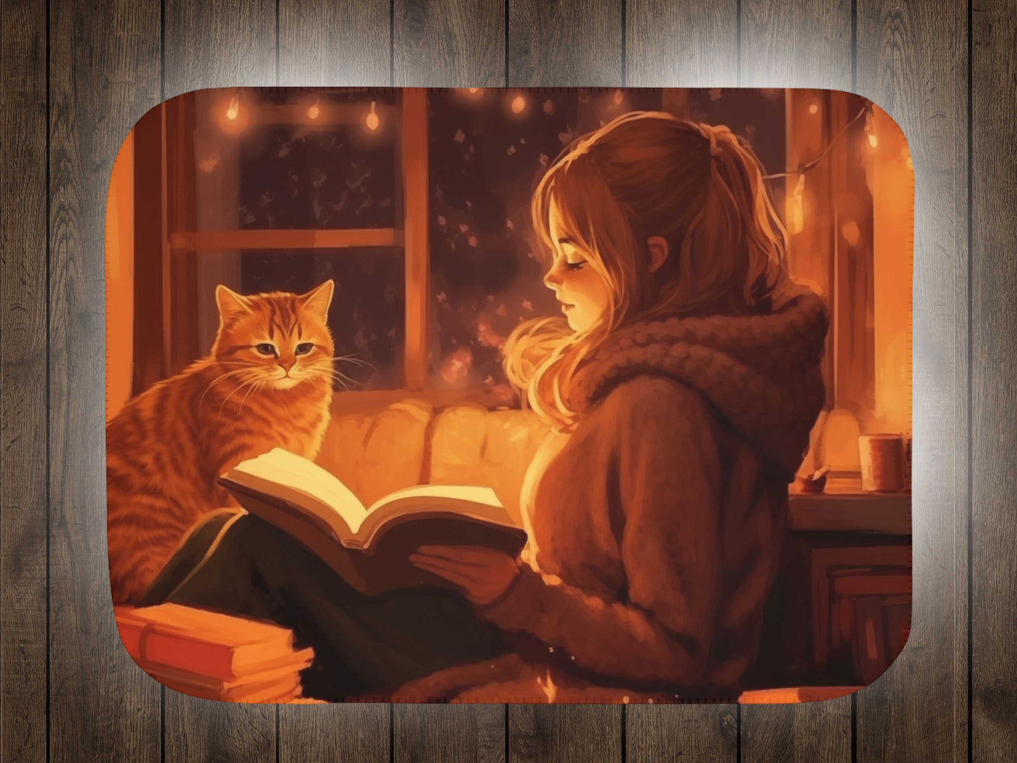 Sherpa Blanket, Young Lady Reading with Cat Illustration, Warm Amber Colors, Book and Cat Lovers Gift, Cat Mom Sherpa Throw, Cute
