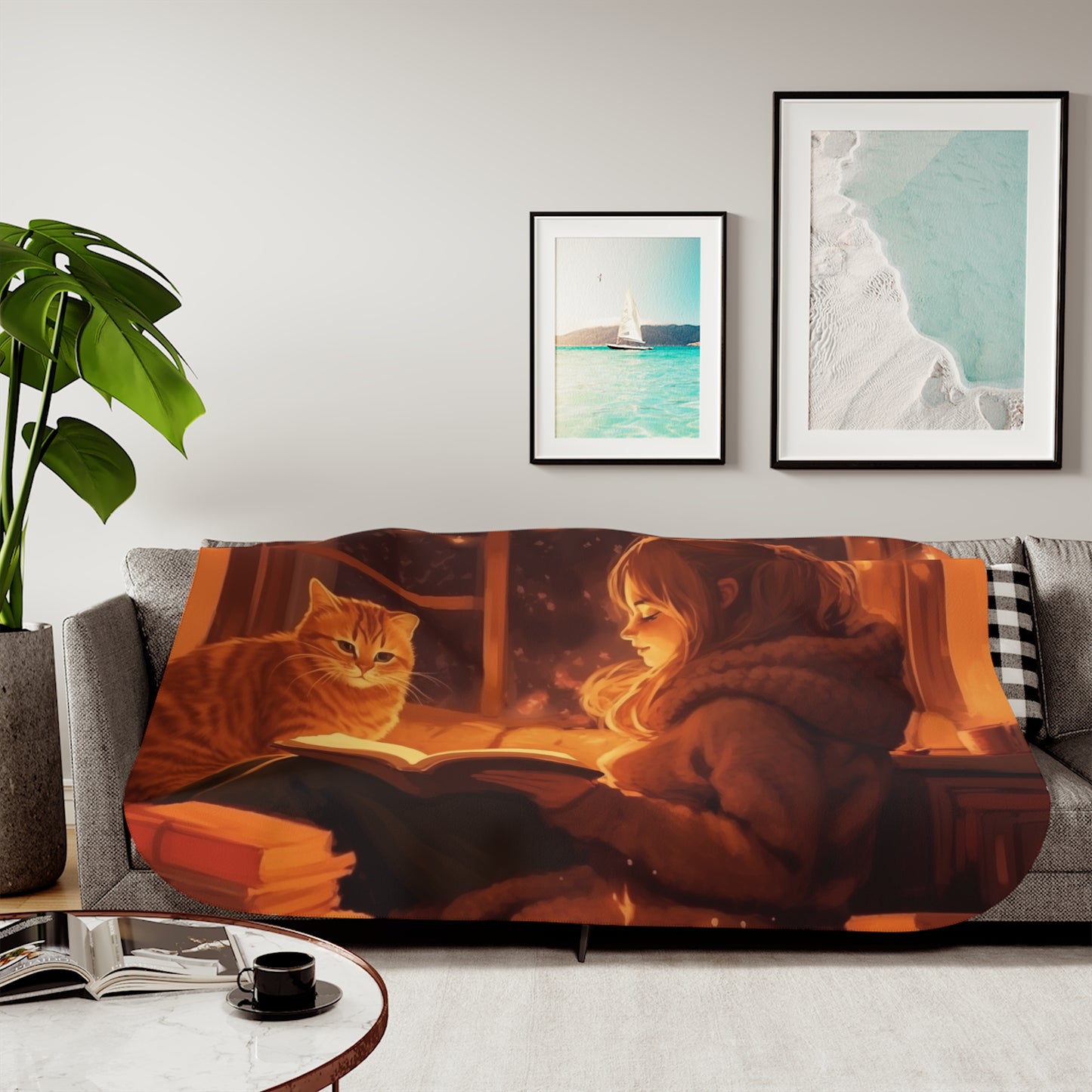 Sherpa Blanket, Young Lady Reading with Cat Illustration, Warm Amber Colors, Book and Cat Lovers Gift, Cat Mom Sherpa Throw, Cute