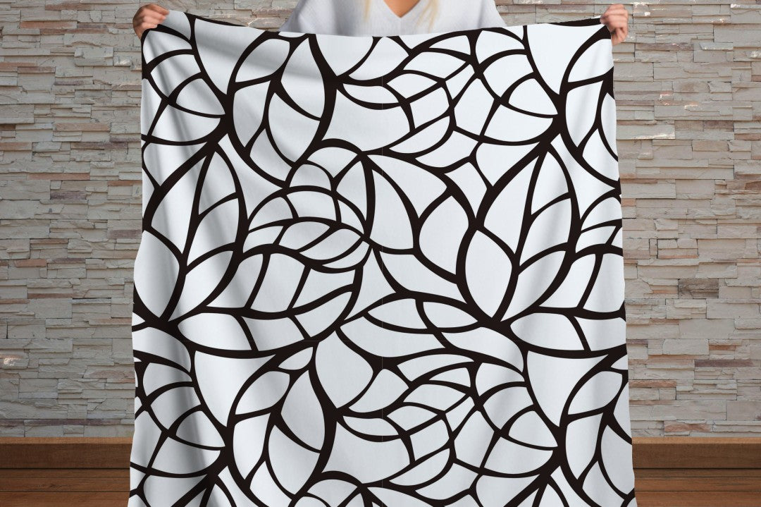 Sherpa Throw Blanket - Black and White Abstract Leaf Pattern - Soft Plush Throw Blanket