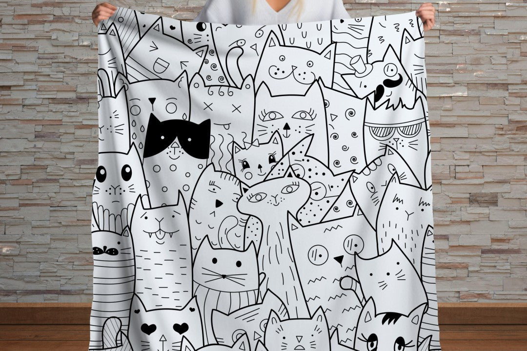 Sherpa Throw Blanket - Black and White Comic Cats - Soft Plush Throw Blanket