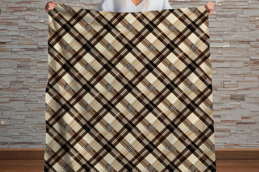 Sherpa Throw Blanket - Beige and Brown Plaid - Soft Plush Throw Blanket