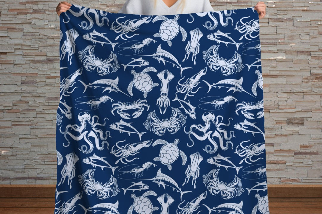 Sherpa Throw Blanket - Blanket Navy Ocean Sea Creatures Pattern Marine Life - Soft Plush Throw Blanket