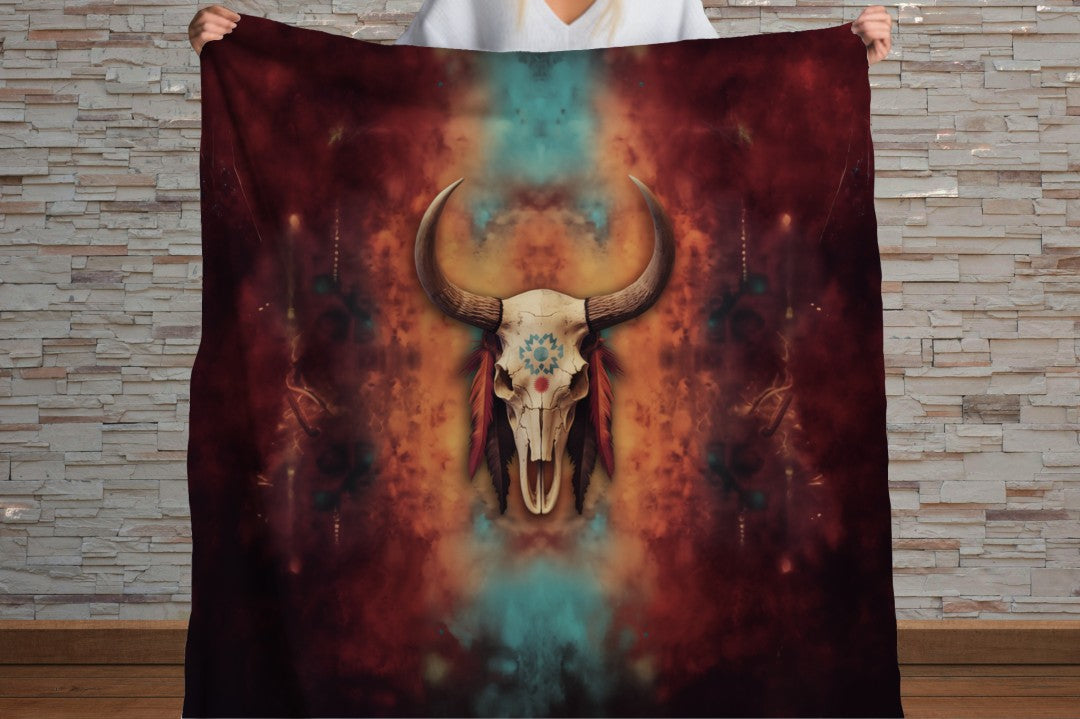 Sherpa Throw Blanket - Boho Bull Skull Southwestern Art Design -Soft Plush Throw Blanket
