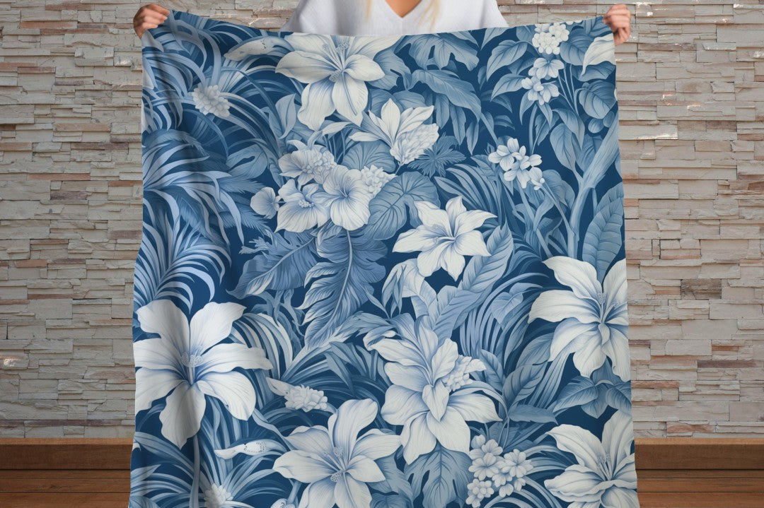 Sherpa Throw Blanket - Blue Tropical Floral Pattern Elegant Botanical - Soft Plush Throw Blanket