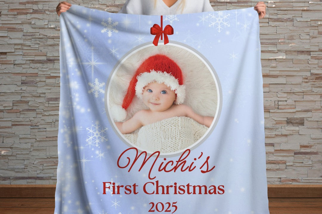 Sherpa Throw Blanket - Custom Baby's First Christmas Design with Ornament, Photo, Name and Year- Soft Plush Throw Blanket