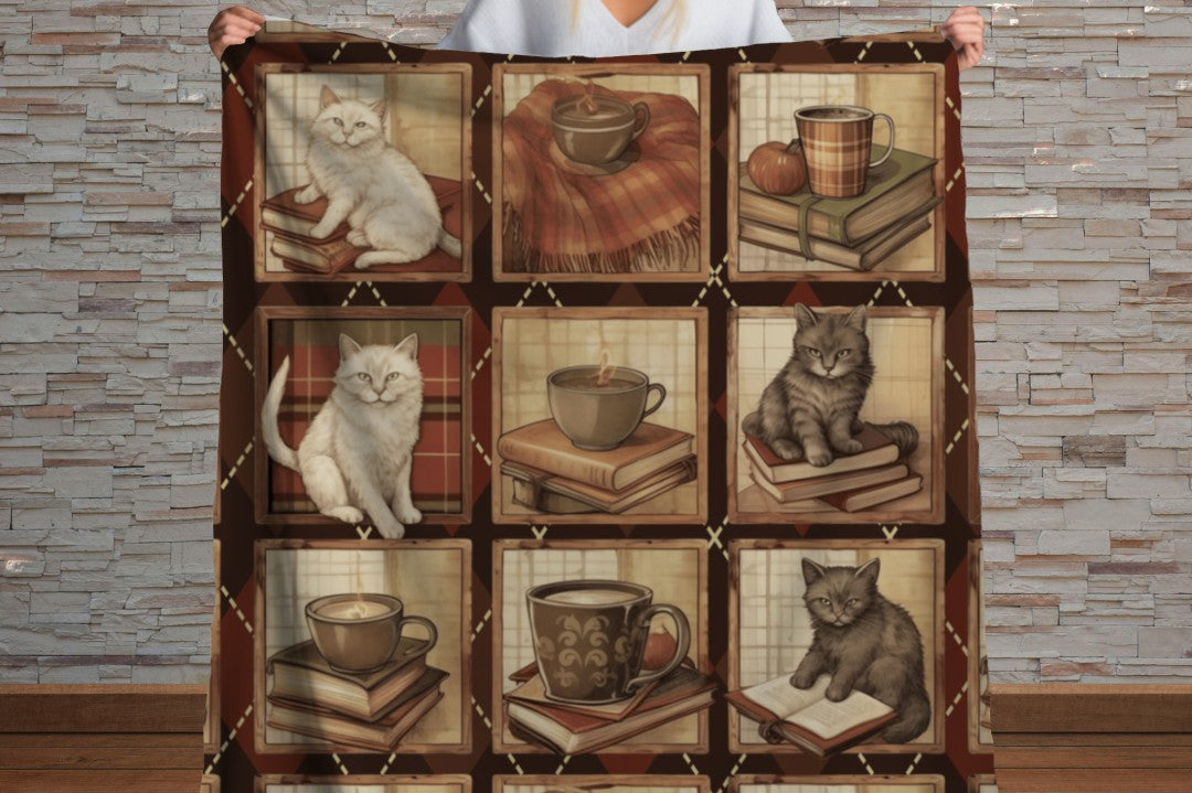 Sherpa Throw Blanket - Cozy Cat and Books - Soft Plush Throw Blanket