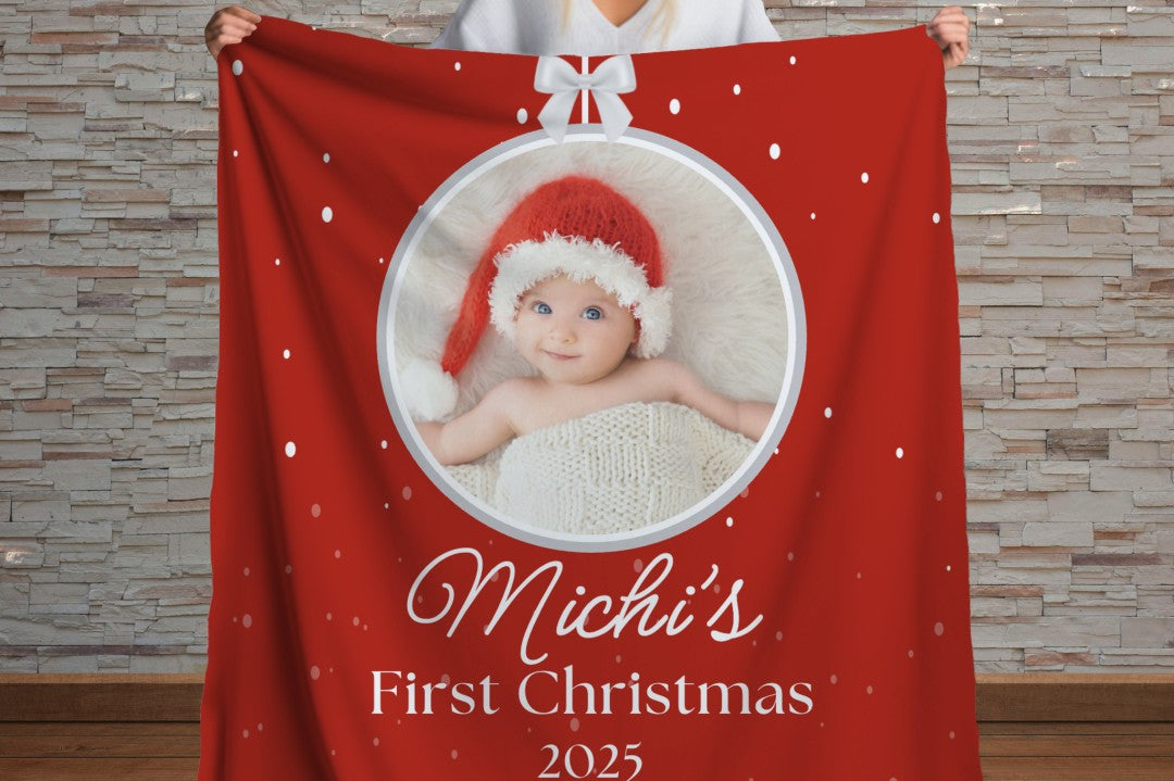 Sherpa Throw Blanket - Custom Baby's First Christmas Design with Ornament, Photo, Name and Year - Soft Plush Throw Blanket