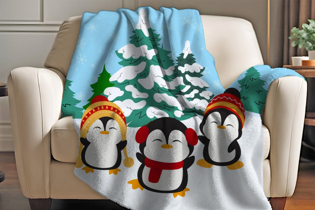 Sherpa Throw Blanket - Winter Penguins in Snow - Soft Plush Throw Blanket-Jacobson Cottage