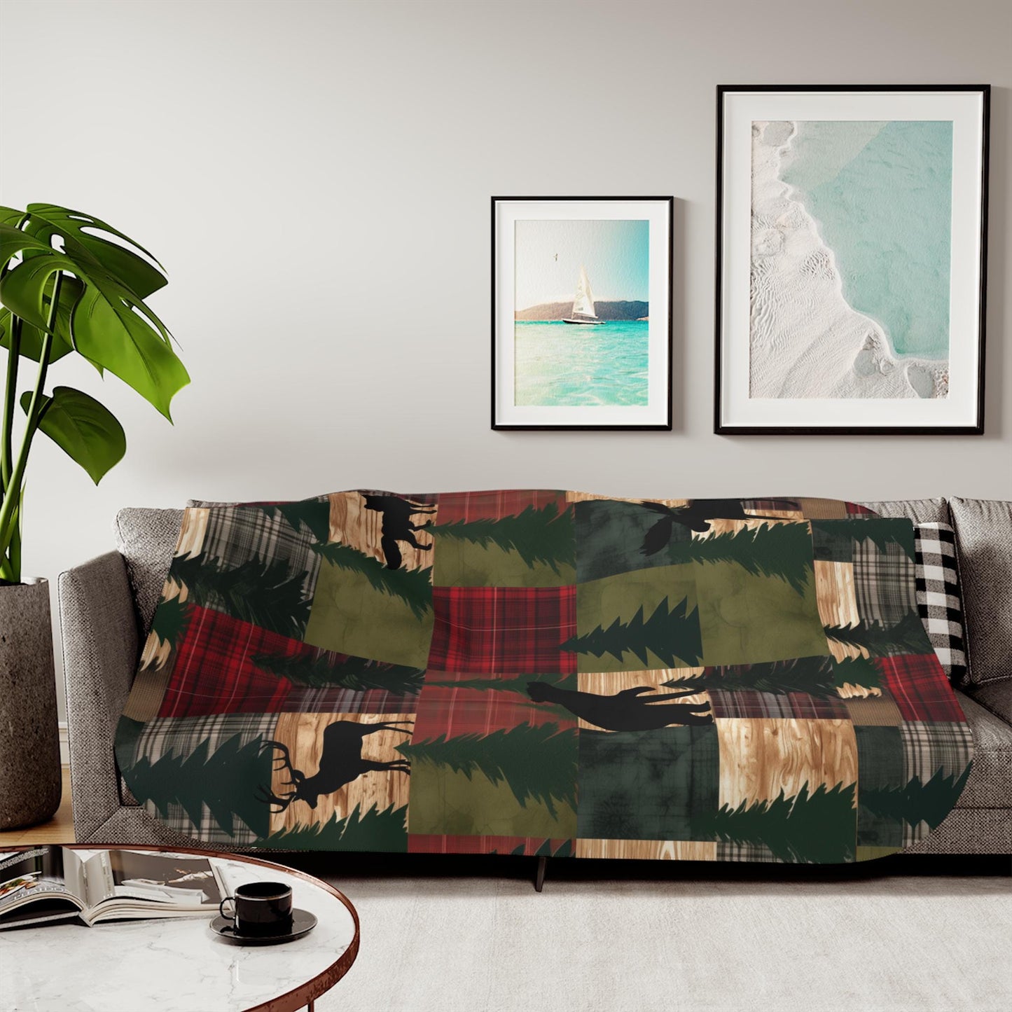 Sherpa Throw Blanket - Rustic Woodland Patchwork with Bear, Moose, Deer & Fox Cozy Cabin Lodge - Soft Plush Throw Blanket-Jacobson Cottage