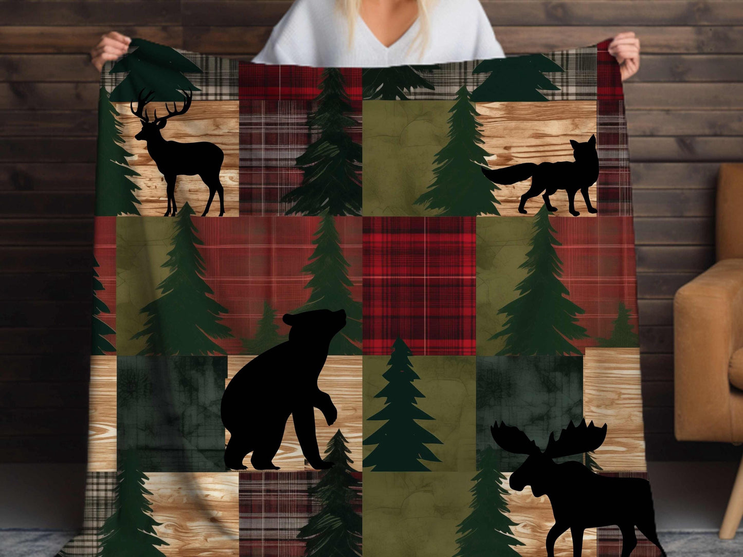 Sherpa Throw Blanket - Rustic Woodland Patchwork with Bear, Moose, Deer & Fox Cozy Cabin Lodge - Soft Plush Throw Blanket-Jacobson Cottage