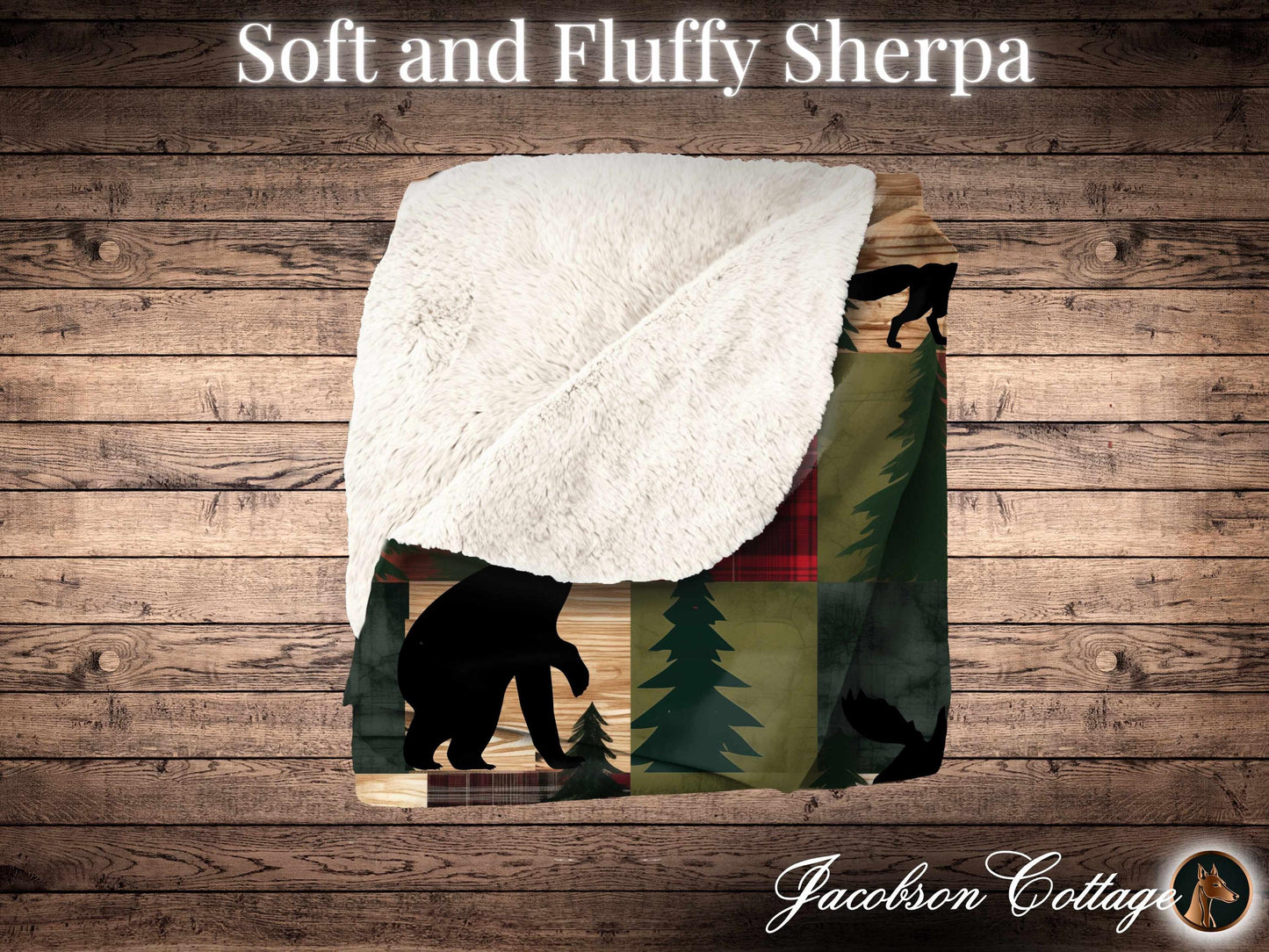 Sherpa Throw Blanket - Rustic Woodland Patchwork with Bear, Moose, Deer & Fox Cozy Cabin Lodge - Soft Plush Throw Blanket-Jacobson Cottage