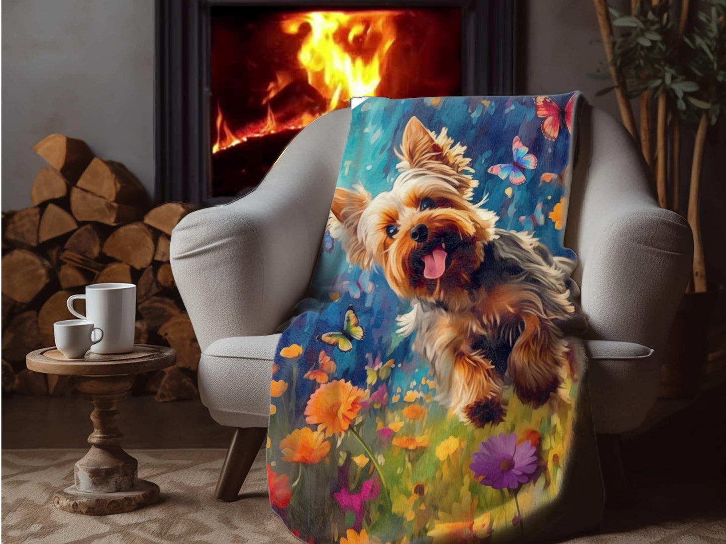 Sherpa Throw Blanket - Yorkie in Garden Yorkshire Terrier - Soft Plush Throw Blanket-Jacobson Cottage