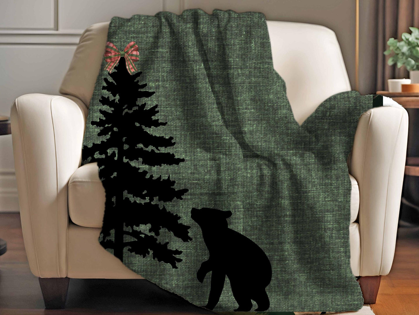 Sherpa Throw Blanket - Green Christmas Bear in the Woods - Soft Plush Throw Blanket-Jacobson Cottage