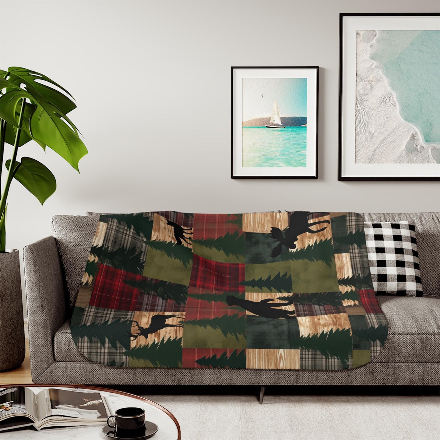 Sherpa Throw Blanket - Rustic Woodland Patchwork with Bear, Moose, Deer & Fox Cozy Cabin Lodge - Soft Plush Throw Blanket-Jacobson Cottage