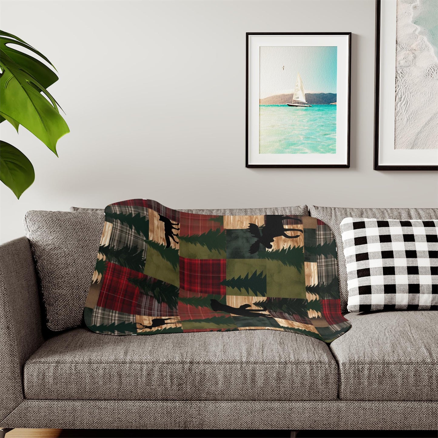 Sherpa Throw Blanket - Rustic Woodland Patchwork with Bear, Moose, Deer & Fox Cozy Cabin Lodge - Soft Plush Throw Blanket-Jacobson Cottage
