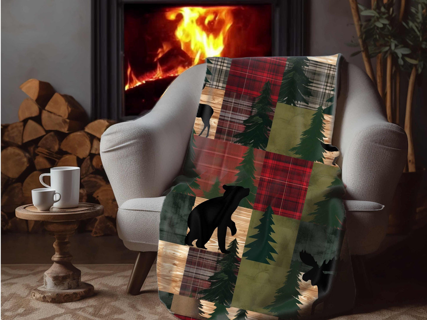 Sherpa Throw Blanket - Rustic Woodland Patchwork with Bear, Moose, Deer & Fox Cozy Cabin Lodge - Soft Plush Throw Blanket-Jacobson Cottage