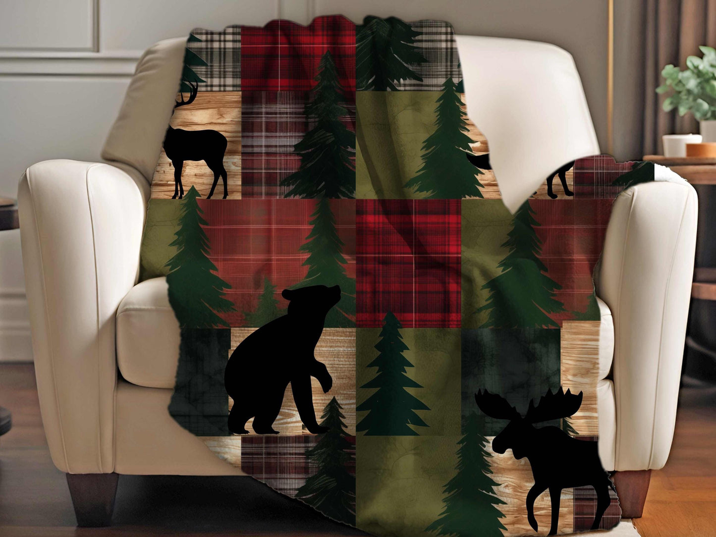 Sherpa Throw Blanket - Rustic Woodland Patchwork with Bear, Moose, Deer & Fox Cozy Cabin Lodge - Soft Plush Throw Blanket-Jacobson Cottage
