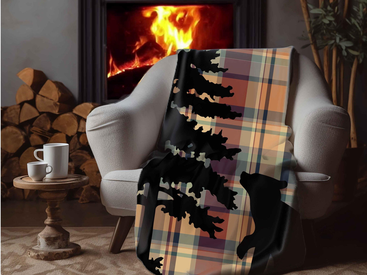 Sherpa Throw Blanket - Plaid Christmas Bear Cabin - Soft Plush Throw Blanket-Jacobson Cottage
