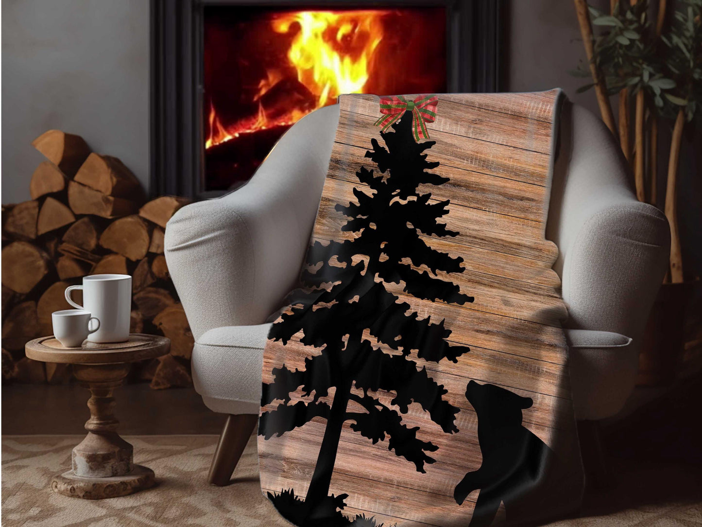 Sherpa Throw Blanket - Christmas Bear in the woods Soft Plush Throw Blanket-Jacobson Cottage