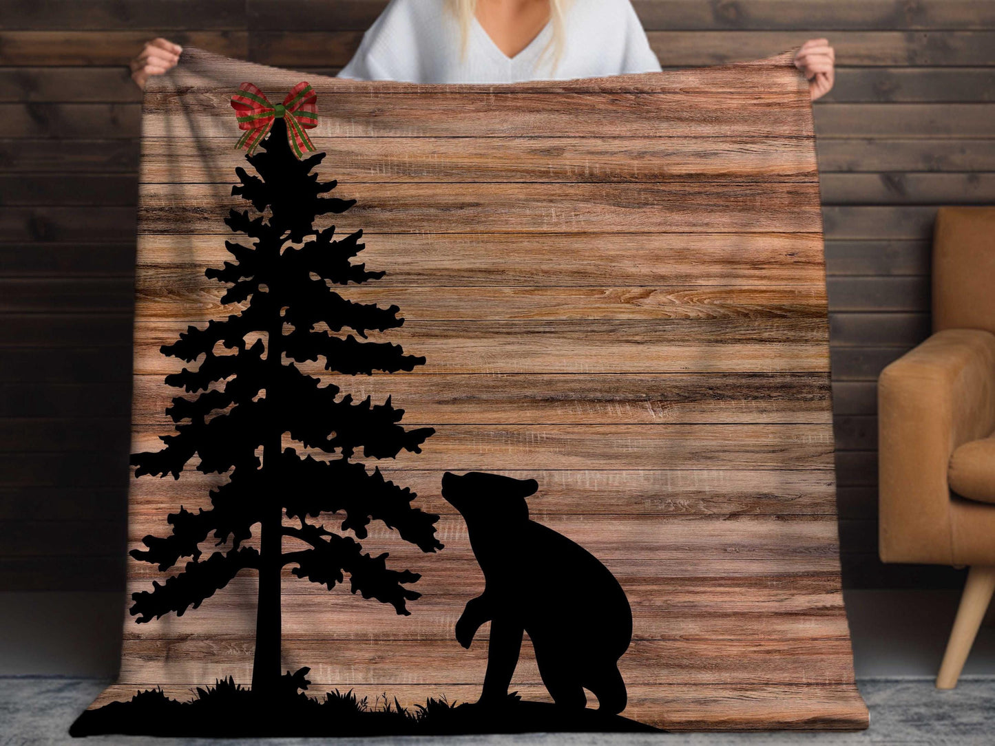 Sherpa Throw Blanket - Christmas Bear in the woods Soft Plush Throw Blanket-Jacobson Cottage