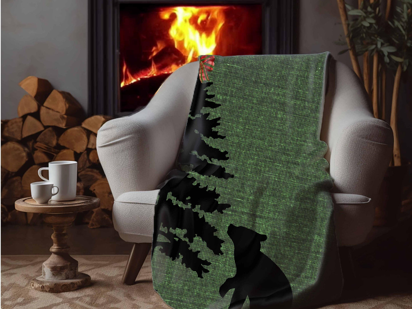 Sherpa Throw Blanket - Green Christmas Bear in the Woods - Soft Plush Throw Blanket-Jacobson Cottage