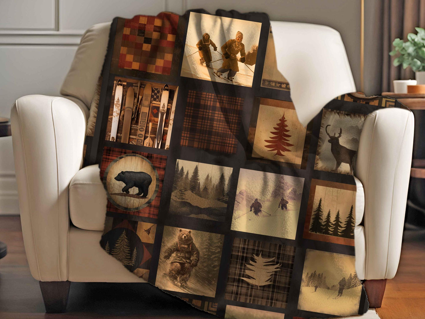 Sherpa Throw Blanket - Winter Cabin Skiing - Soft Plush Throw Blanket-Jacobson Cottage