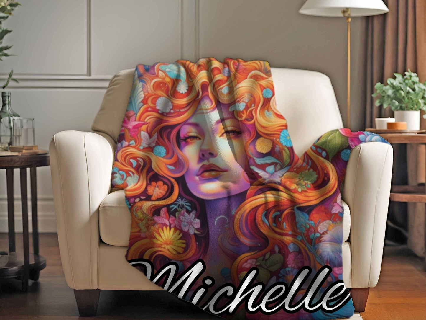 Sherpa Throw Blanket - Psychedelic Goddess with Custom Name Soft - Plush Throw Blanket-Jacobson Cottage