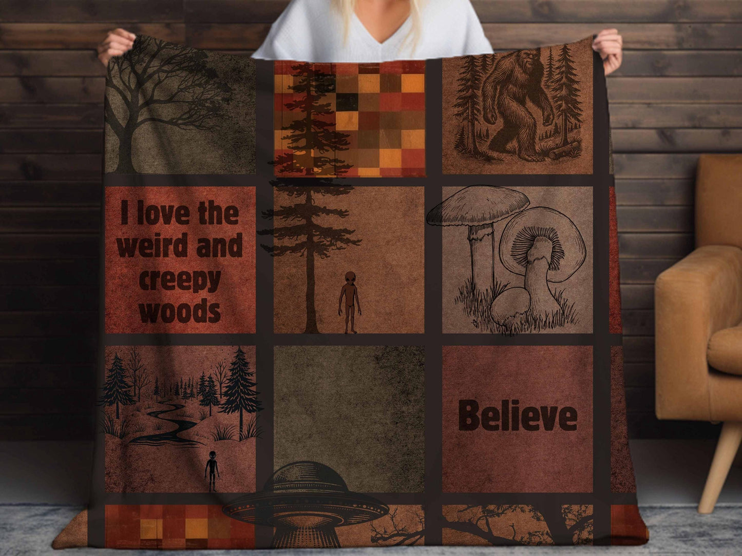 Sherpa Throw Blanket - Creepy Woods Alien and Big Foot - Soft Plush Throw Blanket-Jacobson Cottage