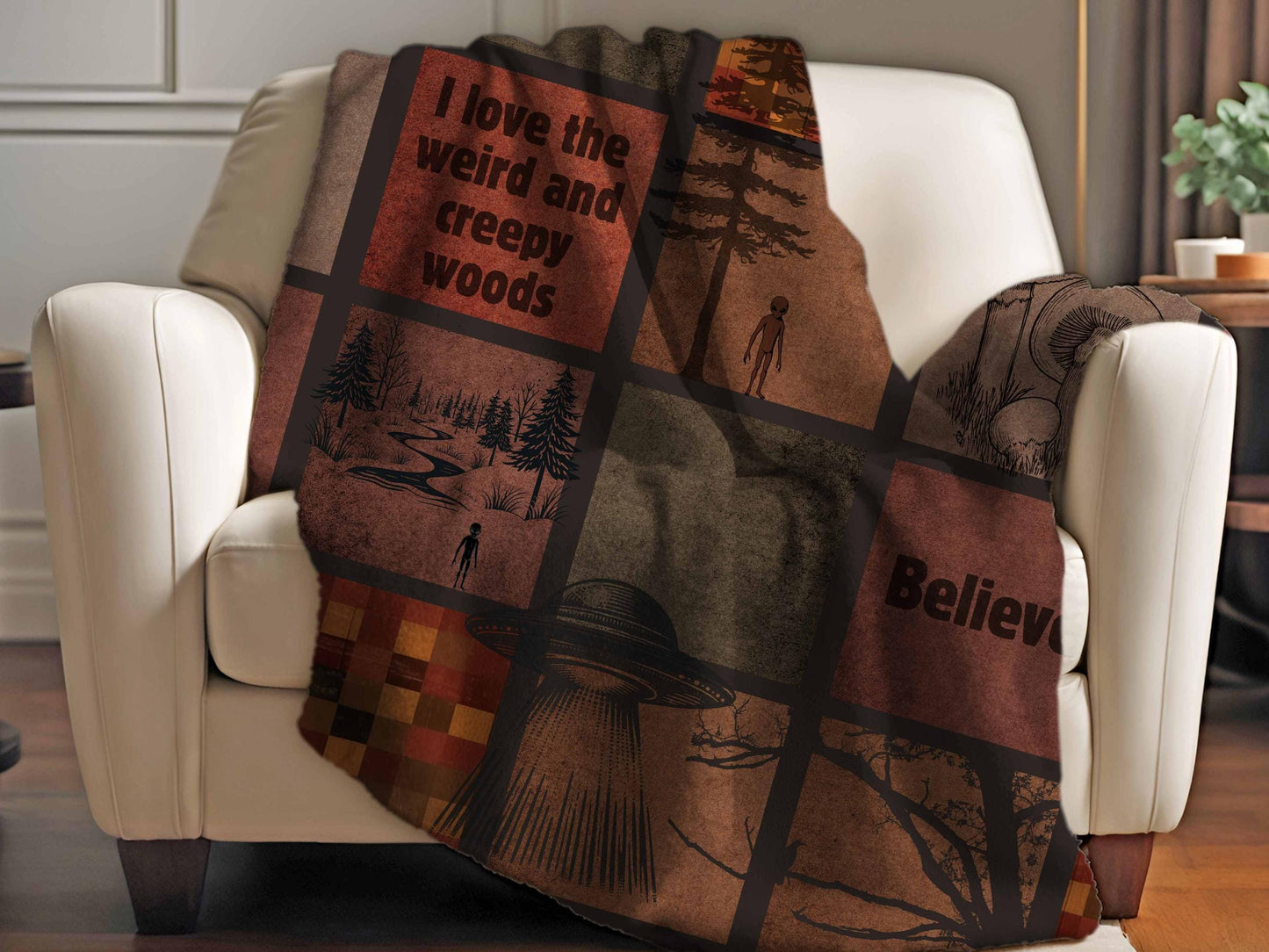 Sherpa Throw Blanket - Creepy Woods Alien and Big Foot - Soft Plush Throw Blanket-Jacobson Cottage