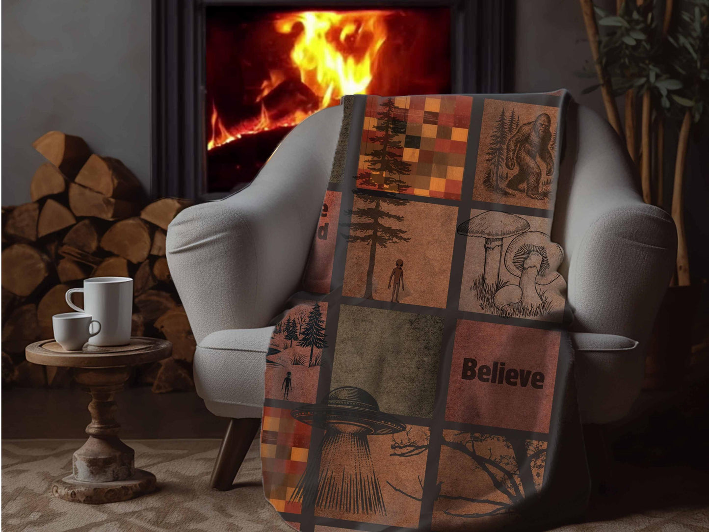 Sherpa Throw Blanket - Creepy Woods Alien and Big Foot - Soft Plush Throw Blanket-Jacobson Cottage