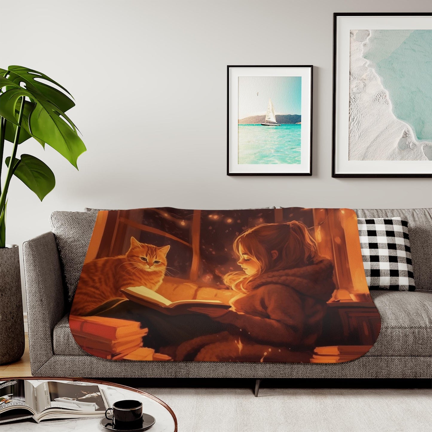 Sherpa Throw Blanket - Cozy Reading Books and Cat - Soft Plush Throw Blanket-Jacobson Cottage