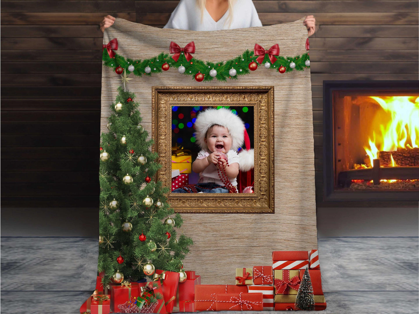 Sherpa Throw Blanket - Custom Christmas Photo Design with Tree and Fireplace - Soft Plush Throw Blanket-Jacobson Cottage