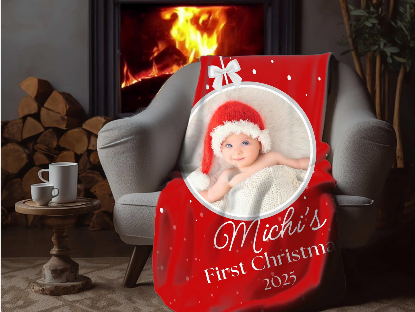 Sherpa Throw Blanket - Custom Baby's First Christmas Design with Ornament, Photo, Name and Year - Soft Plush Throw Blanket-Jacobson Cottage