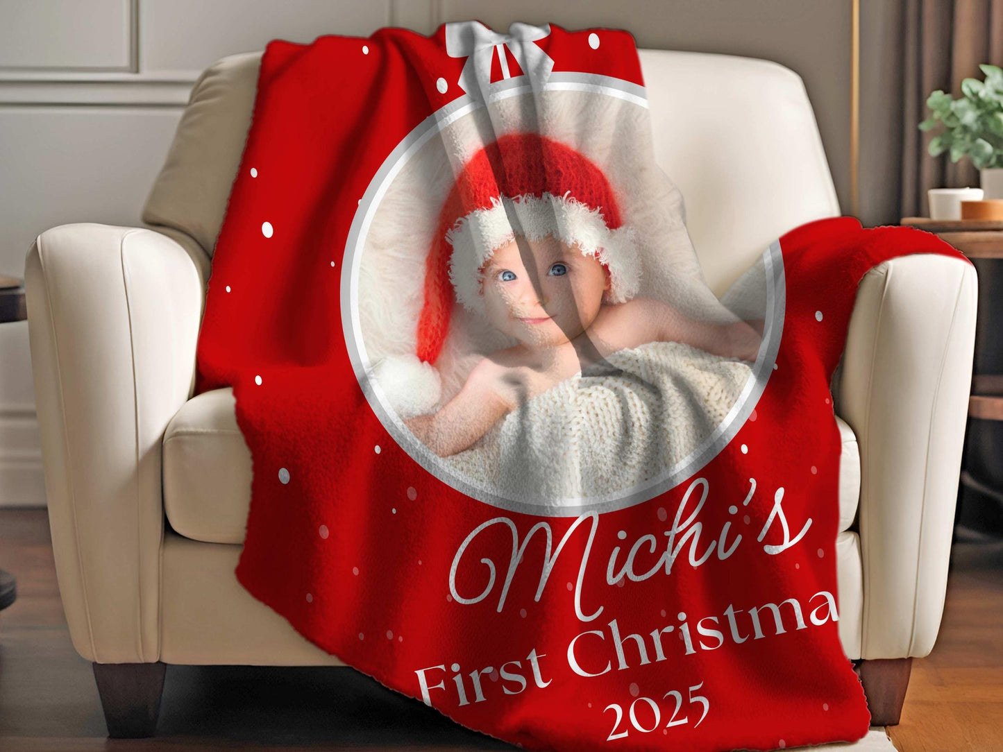 Sherpa Throw Blanket - Custom Baby's First Christmas Design with Ornament, Photo, Name and Year - Soft Plush Throw Blanket-Jacobson Cottage