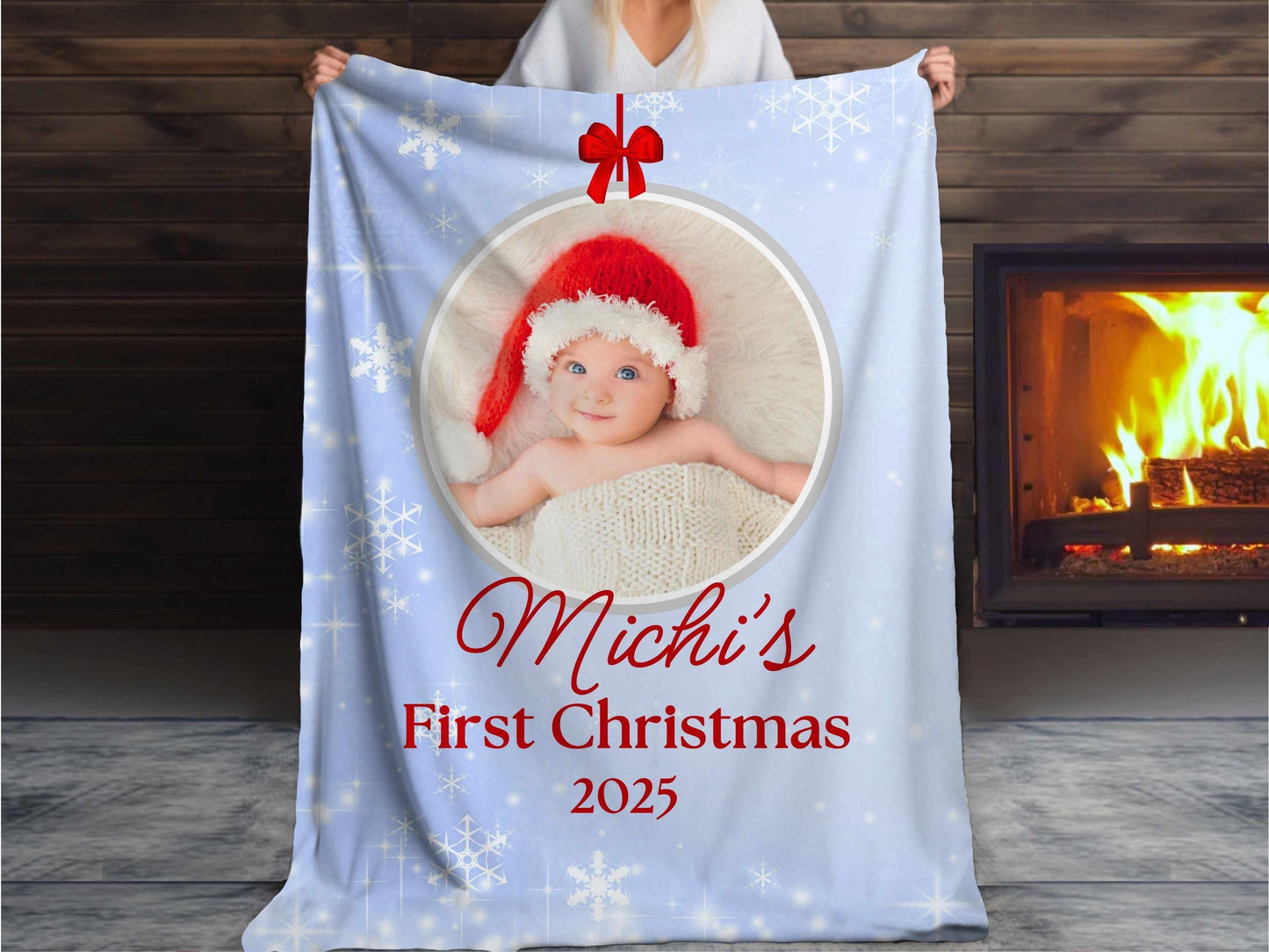 Sherpa Throw Blanket - Custom Baby's First Christmas Design with Ornament, Photo, Name and Year- Soft Plush Throw Blanket-Jacobson Cottage