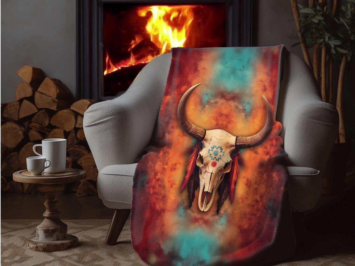 Sherpa Throw Blanket - Boho Bull Skull Southwestern Art Design -Soft Plush Throw Blanket-Jacobson Cottage