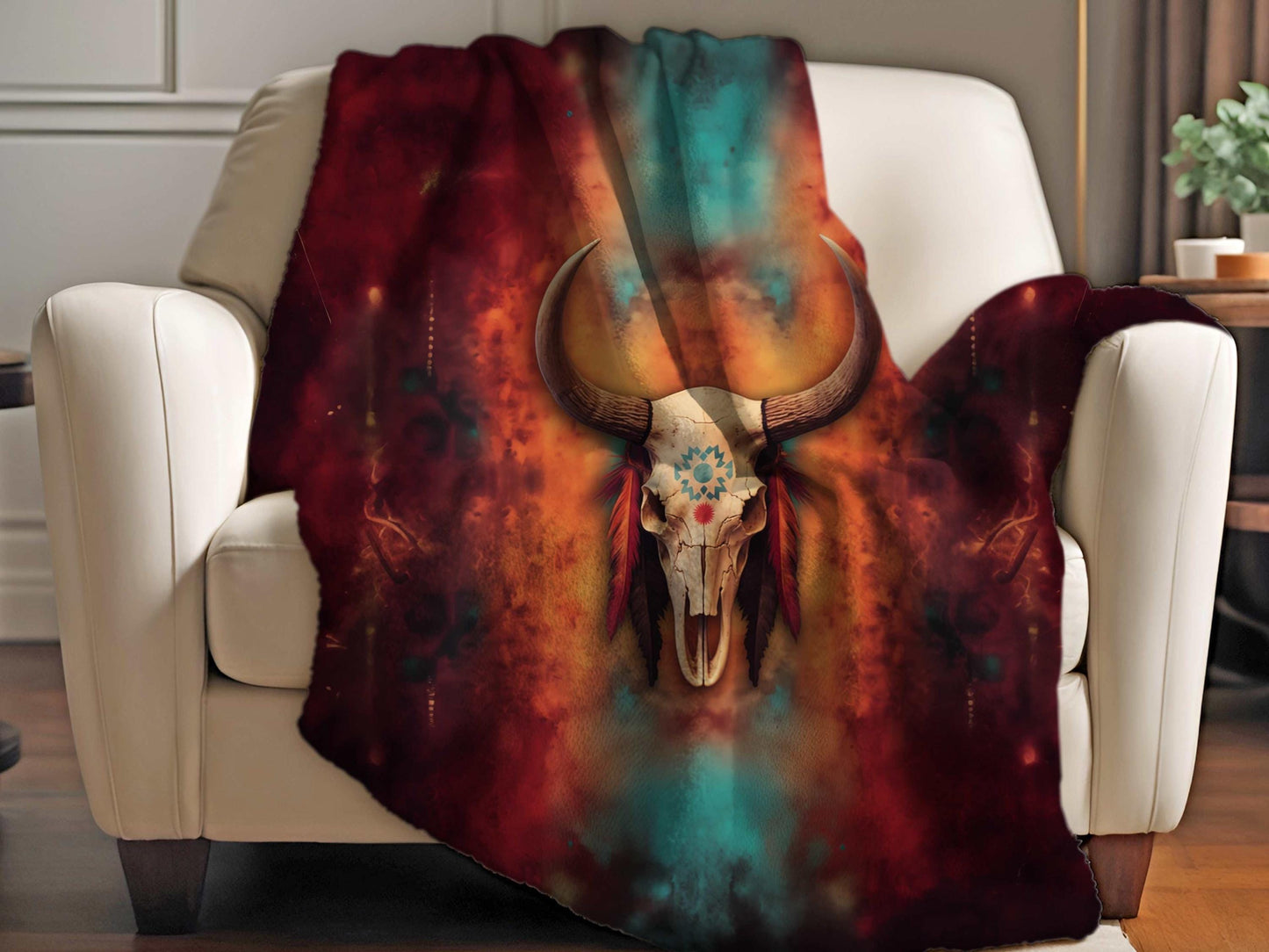 Sherpa Throw Blanket - Boho Bull Skull Southwestern Art Design -Soft Plush Throw Blanket-Jacobson Cottage