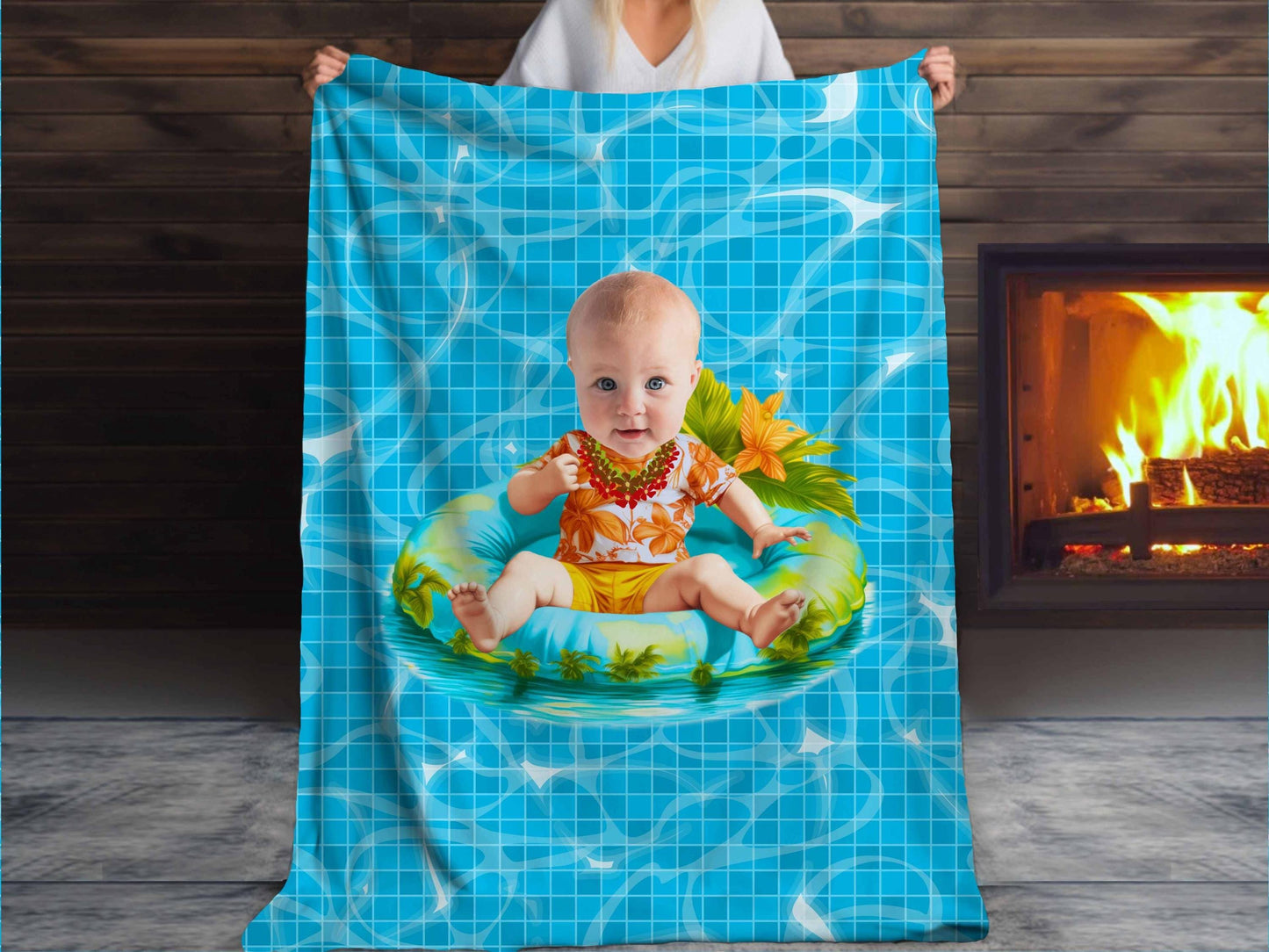 Sherpa Throw Blanket - Custom Baby Face on Baby on Pool Float caricature Tropical Summer Design - Soft Plush Throw Blanket-Jacobson Cottage